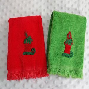 Vintage Christmas Towels Fingertip Martex Hand Towel Candle Embroidery Fringe